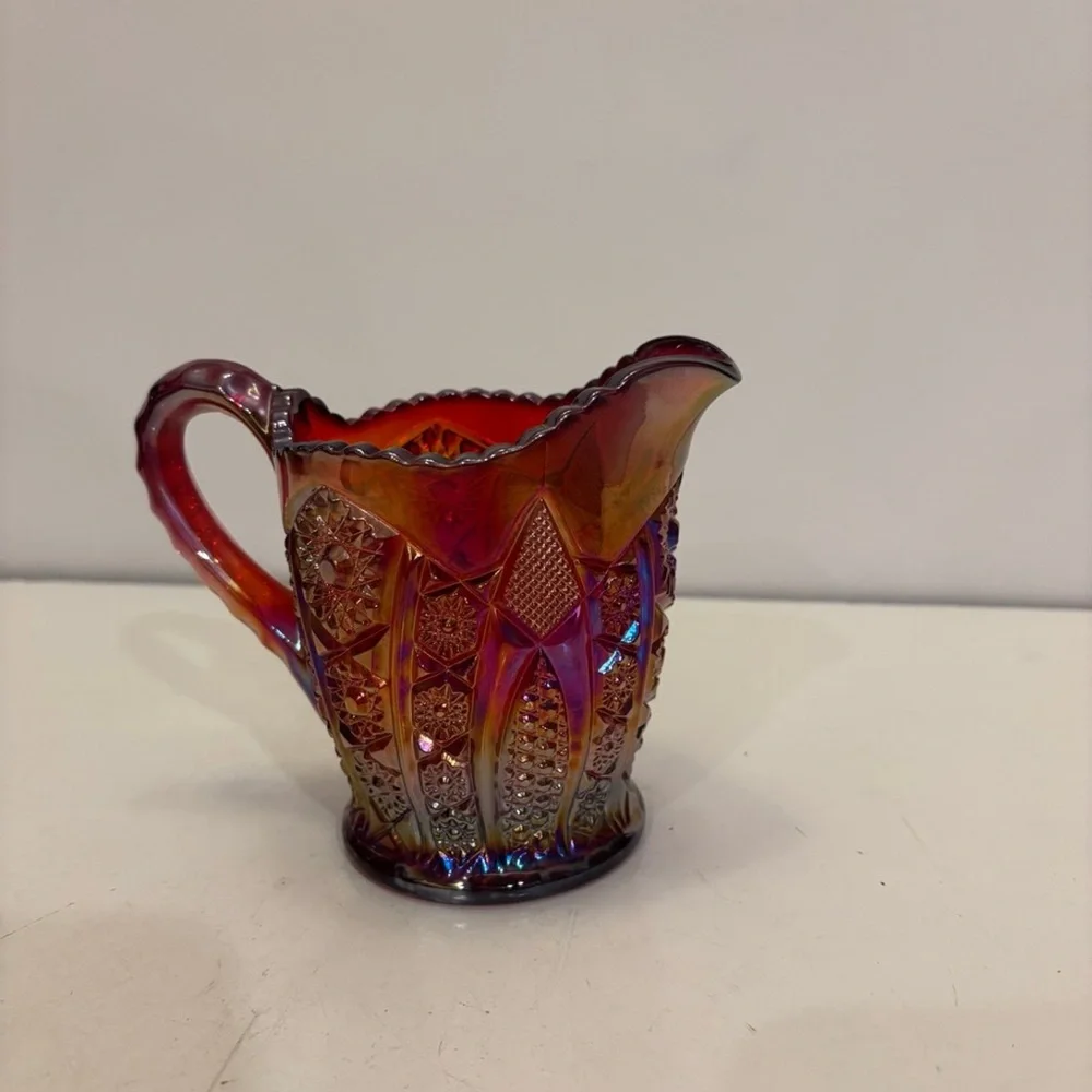 Vtg Indiana Glass Creamer Heirloom Sunset Ruby Iridescent Carnival Glass_3